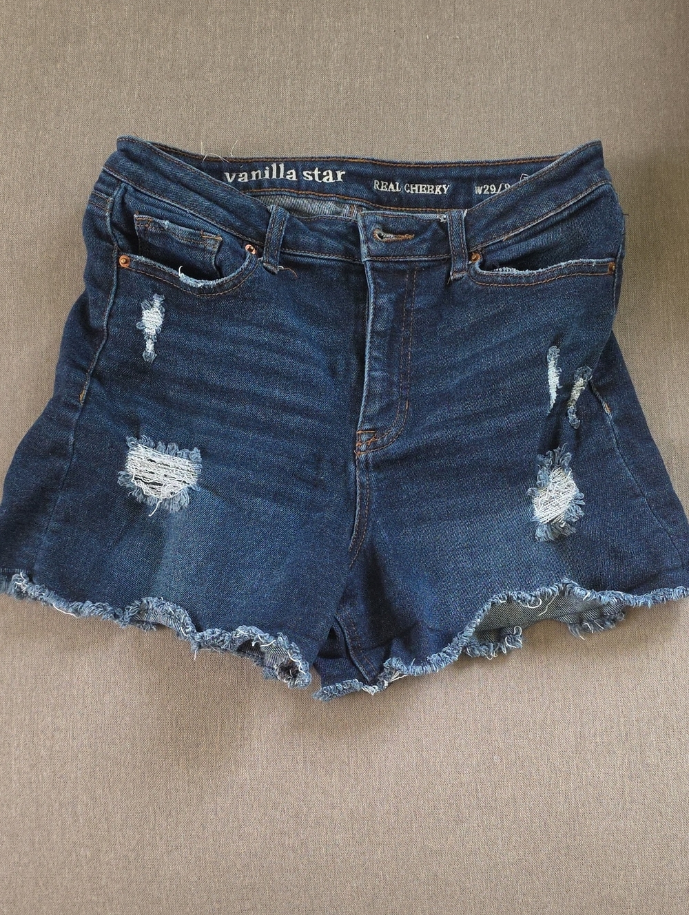 Vanilla Star Dark Denim Distressed Jean Shorts